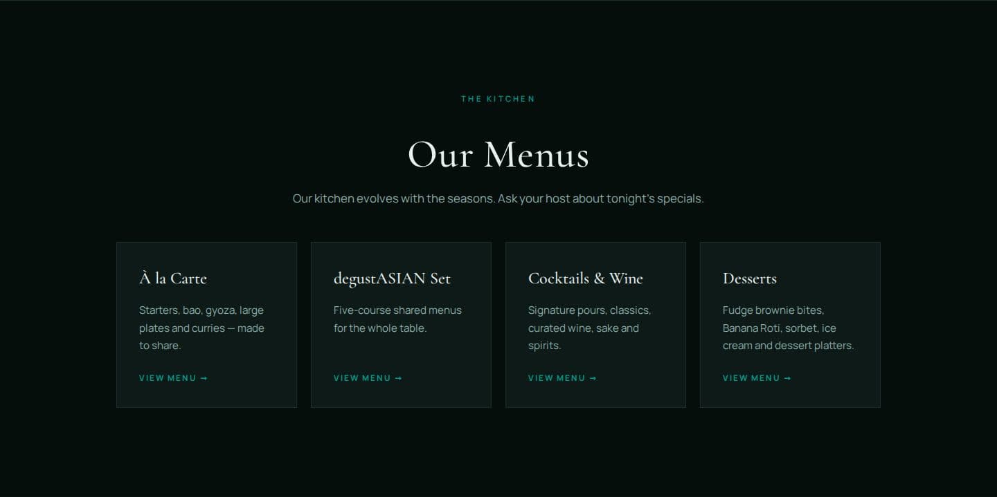 The Our Menus section: four cards for À la Carte, degustASIAN Set, Cocktails & Wine and Desserts, each with a View menu link.