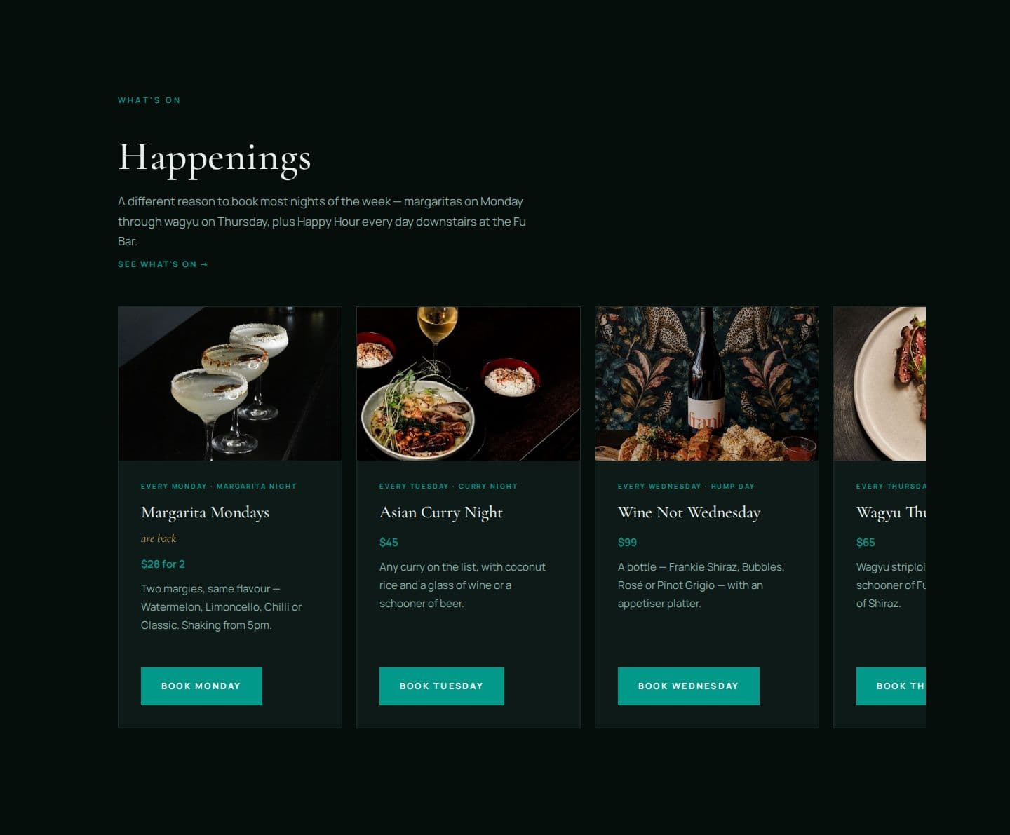 The Happenings section: weekly specials from Margarita Mondays to Wagyu Thursdays, each on a photo card with its own Book button.