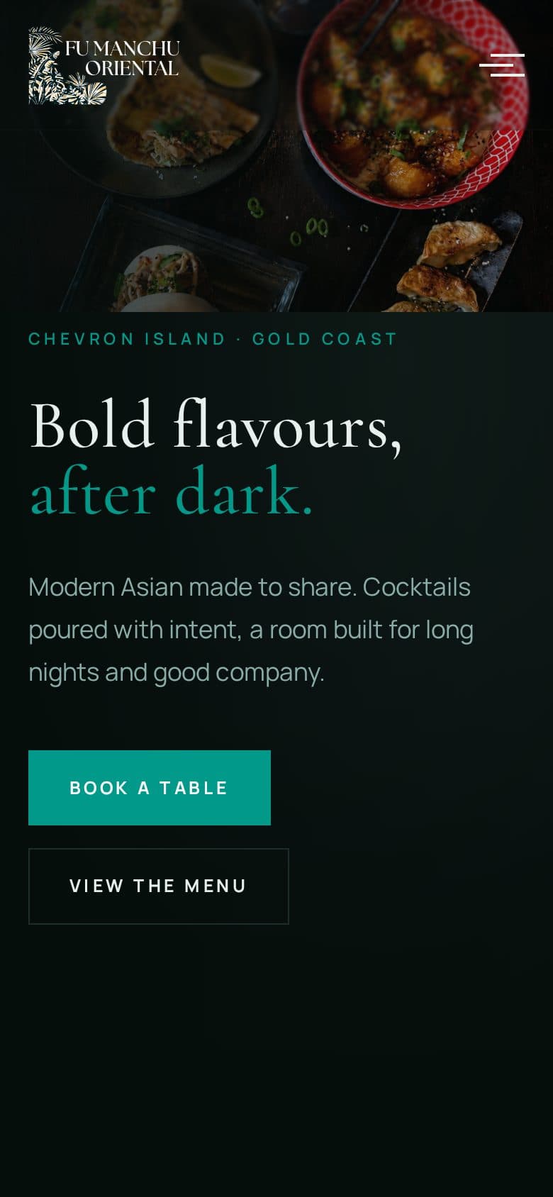 Fu Manchu Oriental home page on a phone: food photography above the headline, with the Book a table button in the first screen.