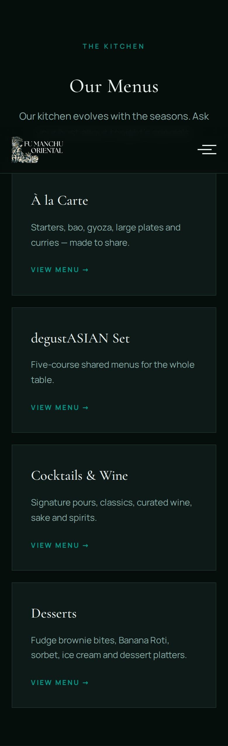 The four menu cards stacked on a phone, each with a View menu link.