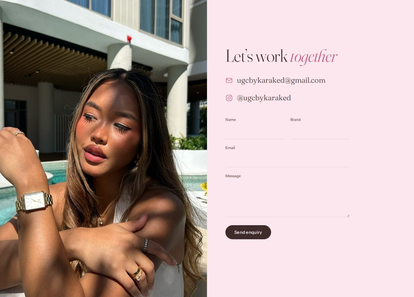 The Let’s work together section: a full-bleed poolside portrait of Kara on the left, and on the right her email and Instagram links above an enquiry form with Name, Brand, Email and Message fields and a Send enquiry button.