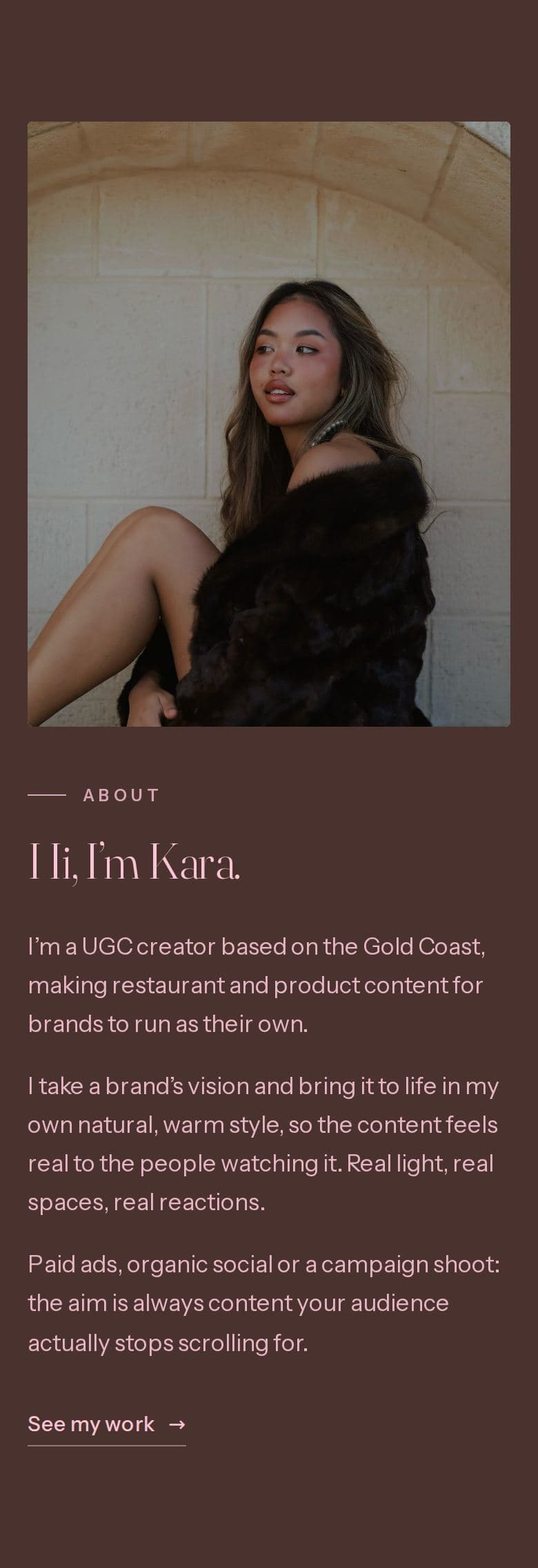 The About section on a phone: the portrait stacked above the heading “Hi, I’m Kara.” and her copy, on the brown panel.