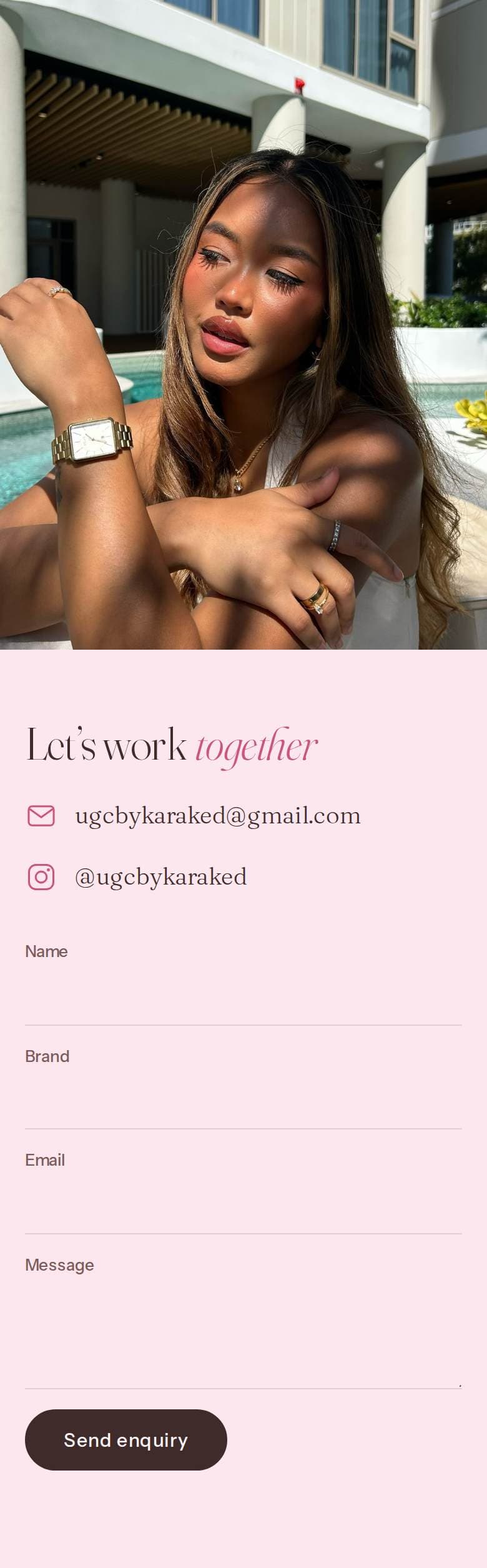 The contact section on a phone: the portrait above the heading, the email and Instagram links, and the enquiry form with its fields stacked.