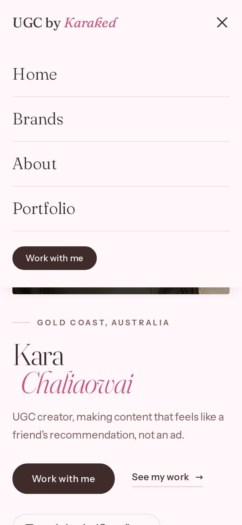 The phone menu open: Home, Brands, About and Portfolio in large serif type, with a Work with me button.
